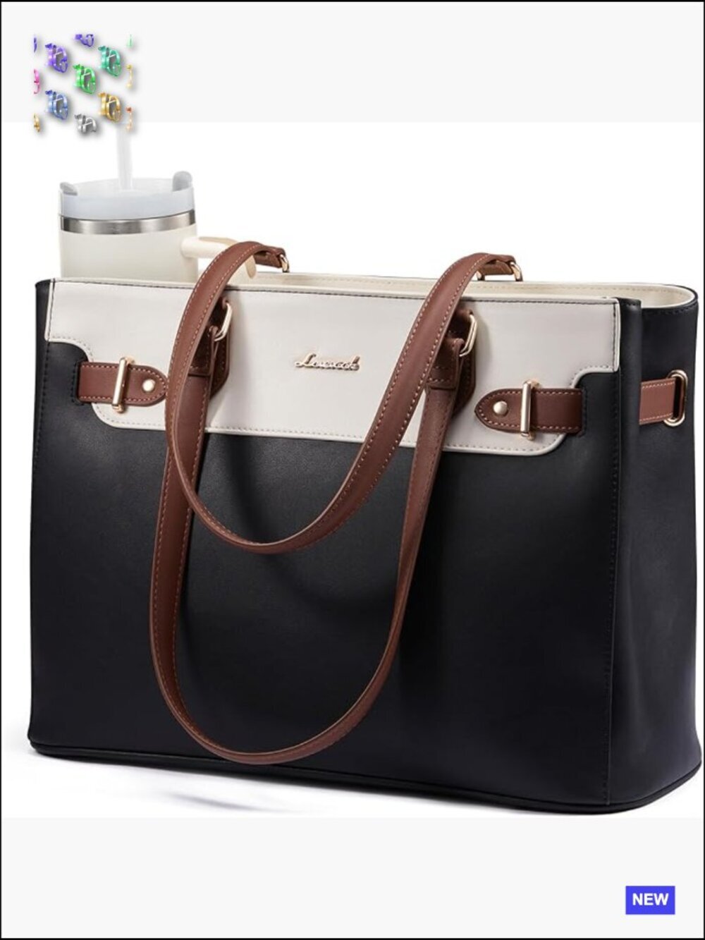 Leather Laptop Tote Bag with Cup Holder, 11 Pockets, Waterproof Work Bag